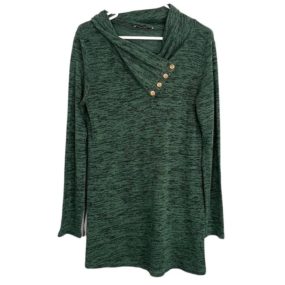 Miusey Women's Cowl Neck Tunic Sweater Green Marled Asymmetrical Button Top M